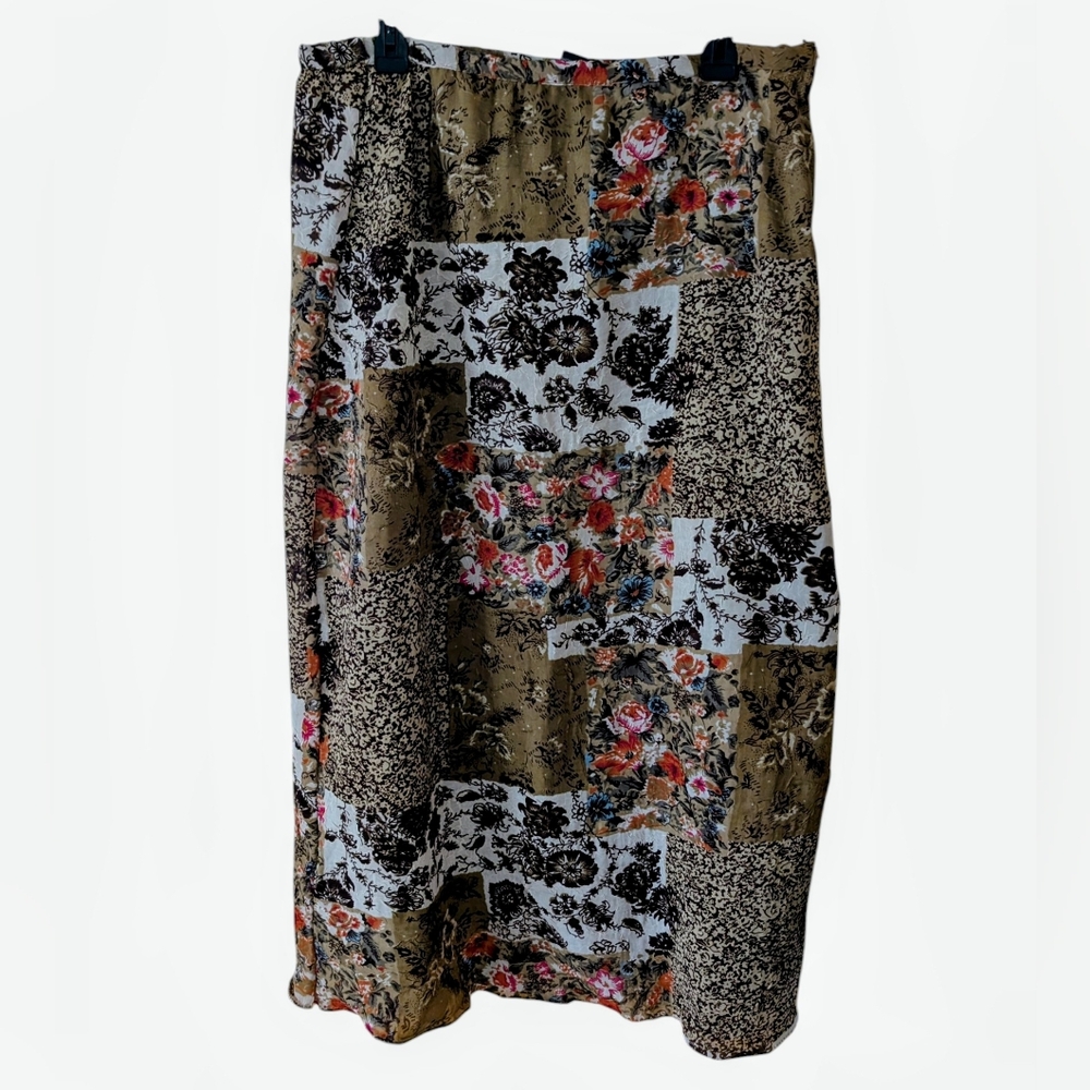 Vintage‎ 90s Brown Floral Patchwork Bohemian Festival Midi Skirt Size Large